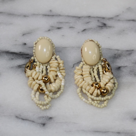 Tropical White & Gold Bead Earrings Leather Back - Picture 4 of 4